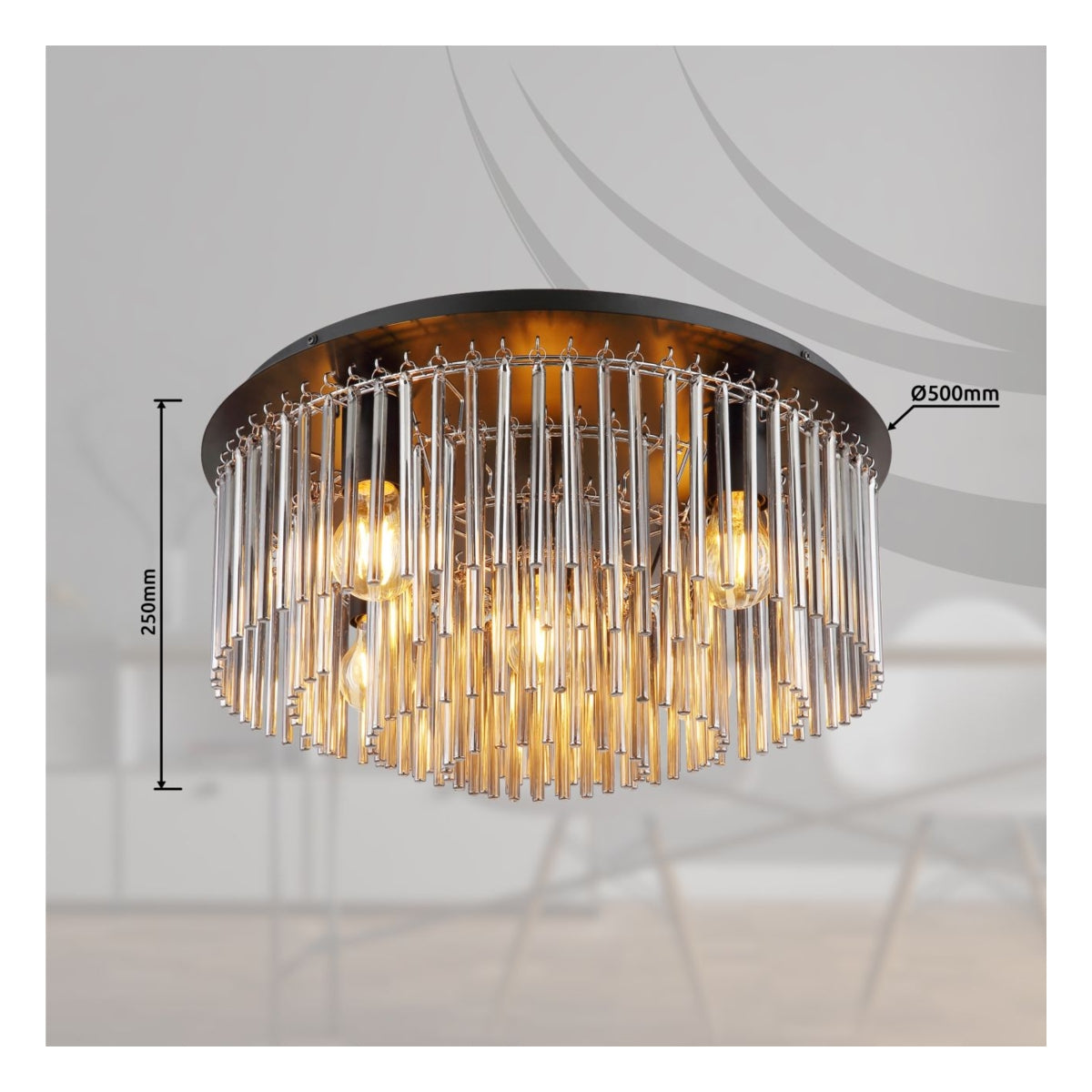 Moderne Deckenleuchte mit Kristallröhren und schwarzem Sockel. Durchmesser 500 mm und Höhe 250 mm. Ansicht von vorne und Licht von unten. Geeignet für luxuriöse Innenbeleuchtung.