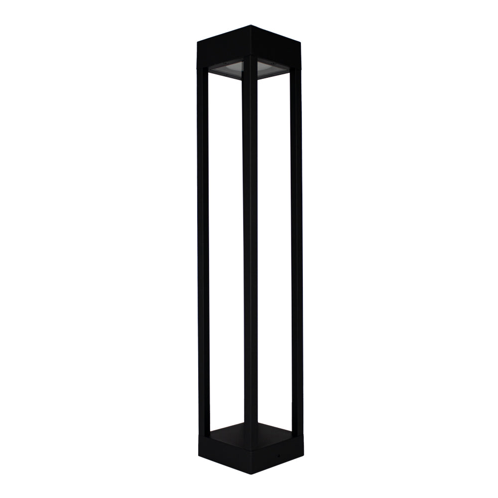 Moderne schwarze Außen-Sockelleuchte, quadratisches Design mit offenem Rahmen, Frontalansicht vor weißem Hintergrund.