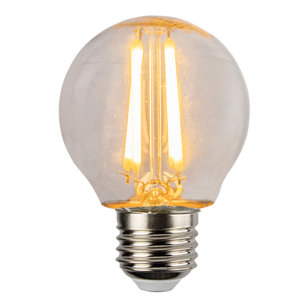 LED-Filamentlampe mit E27-Fassung, warmweißes Licht, kugelförmiges Design, Frontansicht des brennenden Glühfadens.