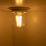 Warmweiß brennende LED-Filamentlampe in Deckenleuchte, von unten betrachtet in einer Raumecke mit warmer Beleuchtung.