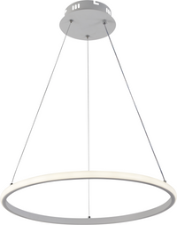 Moderne runde LED-Pendelleuchte im minimalistischen Design, schwebend an drei Kabeln, von unten sichtbar vor weißem Hintergrund.