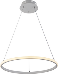 Moderne runde LED-Pendelleuchte in Ringform, weiß-silbernes Design, an drei dünnen Kabeln an einer runden Deckenplatte befestigt, Frontansicht.