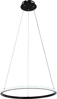 Runde, moderne Pendelleuchte mit schwarzer Deckenplatte und weißem LED-Lichtkreis, schräg von vorne und unten vor weißem Hintergrund fotografiert.