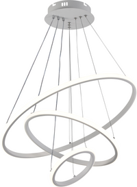 Moderne LED-Pendelleuchte mit drei Ringen in unterschiedlichen Größen, minimalistisches Design in Weiß, aus einem niedrigen Winkel betrachtet für freie Sicht auf die Unteransicht und die Aufhängung.