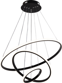 Moderne schwarze LED-Pendelleuchte mit drei Ringen im Spiraldesign, von schräg unten gesehen, ideal für zeitgenössische Innenräume.