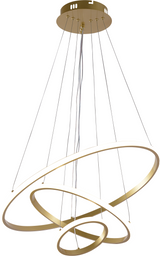 Moderne Pendelleuchte mit drei goldenen, kreisrunden LED-Ringen im Spiraldesign, die an feinen Drähten von einer runden Deckenplatte hängen – Frontansicht vor weißem Hintergrund.