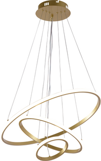 Moderne Pendelleuchte mit drei goldenen, kreisrunden LED-Ringen im Spiraldesign, die an feinen Drähten von einer runden Deckenplatte hängen – Frontansicht vor weißem Hintergrund.