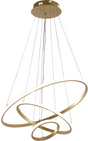 Moderne Pendelleuchte mit drei goldenen, kreisrunden LED-Ringen im Spiraldesign, die an feinen Drähten von einer runden Deckenplatte hängen – Frontansicht vor weißem Hintergrund.