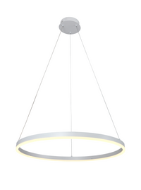 Moderne runde LED-Pendelleuchte in Weiß, aufgehängt an drei Kabeln, von unten leicht abgewinkelt. Energieeffiziente Beleuchtung mit schlichtem, minimalistischem Design, ideal für moderne Innenräume oder Büros.