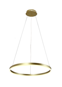 Moderne runde LED-Pendelleuchte aus goldfarbenem Metall im minimalistischen Design, an drei Kabeln hängend – von vorne betrachtet, schräg von unten, vor weißem Hintergrund.