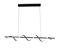 Moderne schwarze LED-Pendelleuchte mit wellenförmigem Design, minimalistischem Design und integrierter Beleuchtung, Frontalansicht vor weißem Hintergrund.