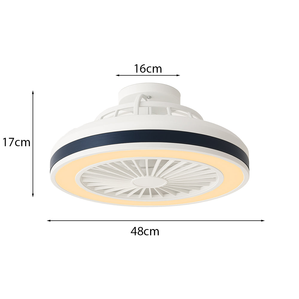 Moderner runder Deckenventilator mit integrierter LED-Beleuchtung in weißem Design, Seitenansicht mit den Maßen 48 cm Breite, 17 cm Höhe und Deckenmontage von 16 cm.