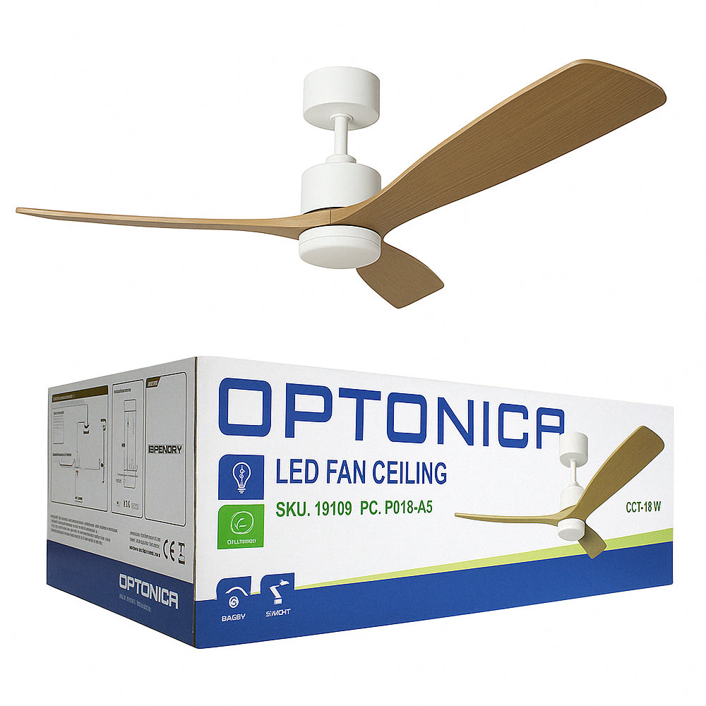 LED-Deckenventilator | Weiß mit Holz | 18W | 1440 Lumen | CCT – Farbwechsel | Nicht dimmbar