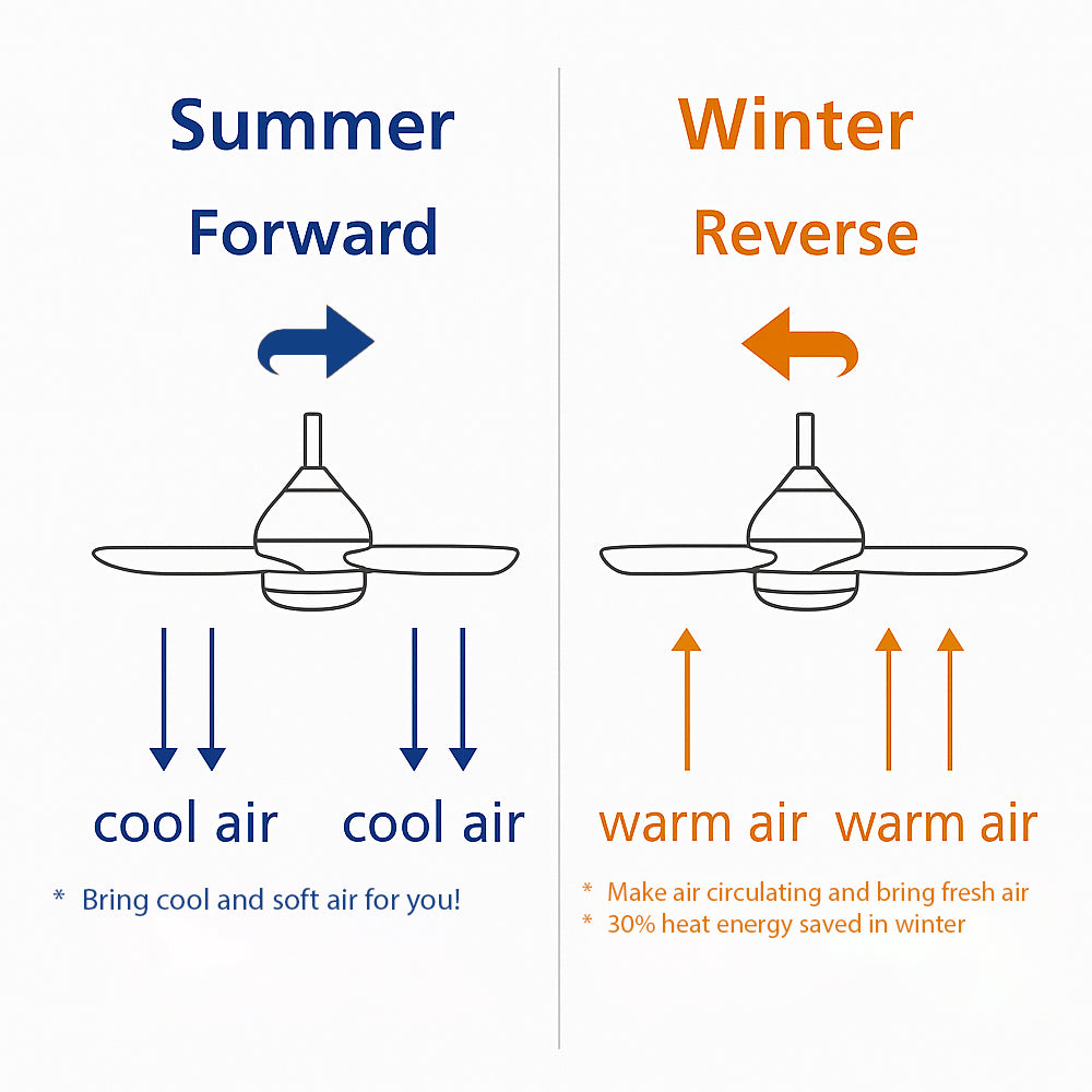 Draufsicht eines Deckenventilators mit saisonalen Einstellungen, die die Luftstromrichtung für Sommer (Vorwärtsdrehung für kühle Luft) und Winter (Rückwärtsdrehung für warme Luftzirkulation) sowie die damit verbundenen Vorteile wie Energieeinsparungen zeigt.