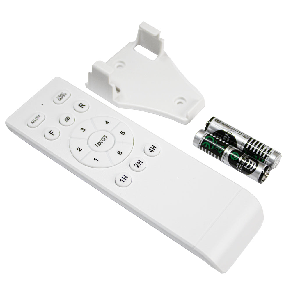 Deckenventilator-Fernbedienung mit Wandhalterung und Batterien, Draufsicht auf das komplette Set mit übersichtlicher Anzeige der Tasten und Zubehörteile.