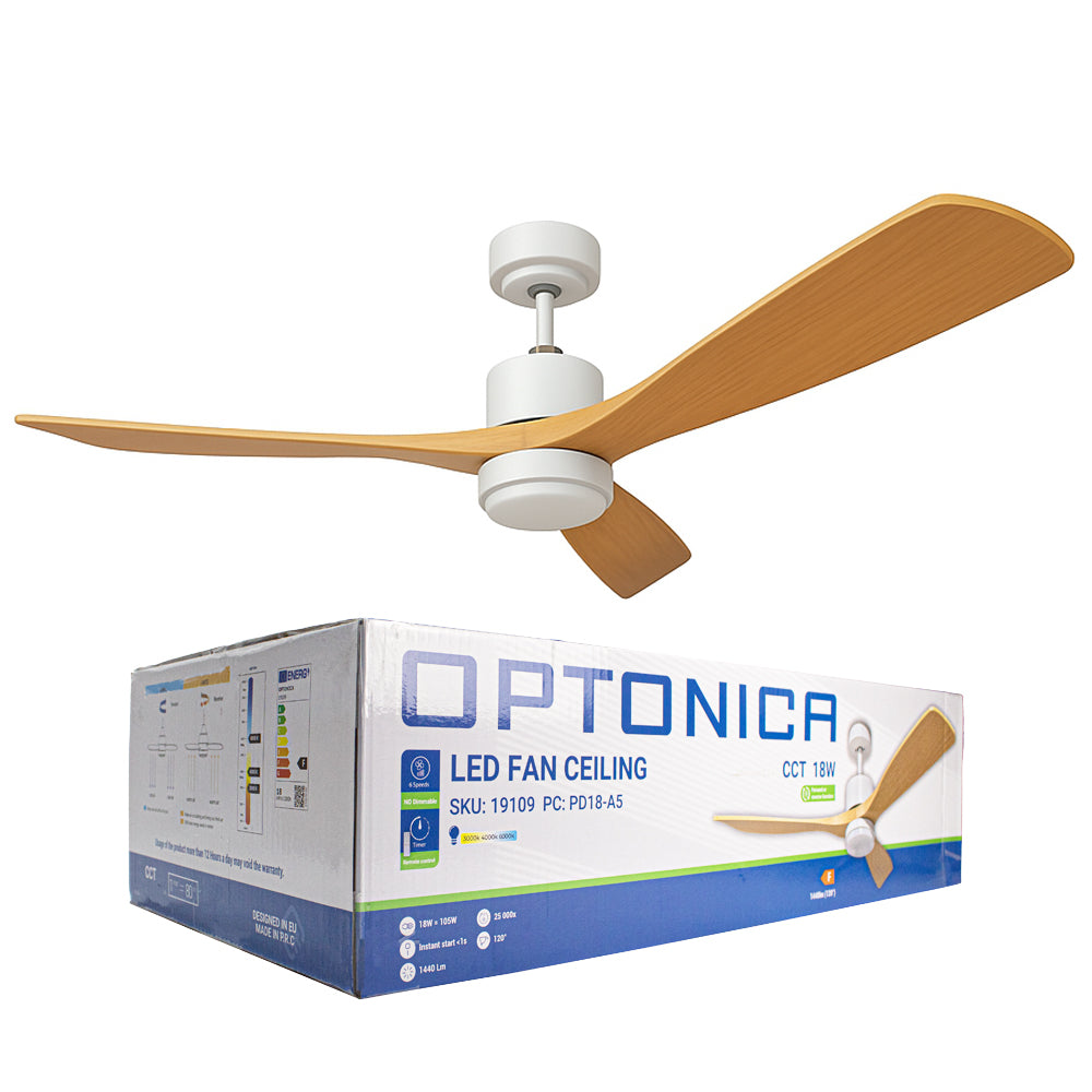 LED-Deckenventilator | Holz + Weiß | 18W | 1440 Lumen | CCT – Farbwechsel | Nicht dimmbar