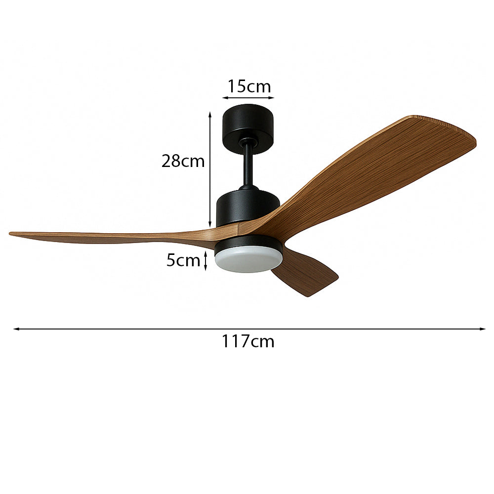 Moderner Deckenventilator mit LED-Beleuchtung und Flügeln in Holzoptik, Seitenansicht mit den Maßen: Durchmesser 117 cm, Höhe 28 cm, Deckenmontage 15 cm, Motorteil 5 cm.