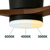 Nahaufnahme eines Deckenventilators mit integrierter LED-Beleuchtung, die drei Farbtemperaturen zeigt: 6000 K (kaltweiß), 4000 K (neutralweiß) und 3000 K (warmweiß), mit Blick auf die Unterseite der Leuchte und die hölzernen Ventilatorflügel.