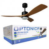 Optonica LED-Deckenventilator mit Holzflügeln und integrierter LED-Beleuchtung, Draufsicht des Produkts mit von vorne sichtbarer Verpackung.