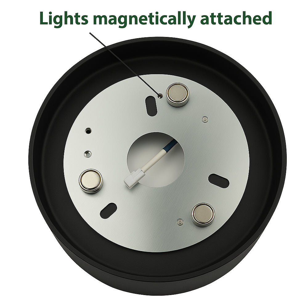Detailansicht der Rückseite einer runden Deckenleuchte mit magnetischer Befestigung für Beleuchtung, mit sichtbaren Magneten und Verkabelung.