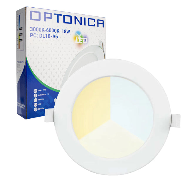 Rundes Optonica LED-Einbaudownlight DL18-A6 18W mit einstellbarer Farbtemperatur 3000K-6000K, Frontansicht mit Produktverpackung im Hintergrund.