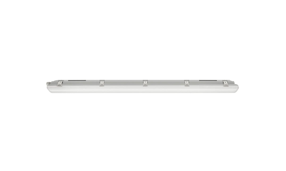 Wasserdichte LED-Lichtleiste IP65 für den Außenbereich, Kunststoffgehäuse mit transparenter Abdeckung, Frontansicht.