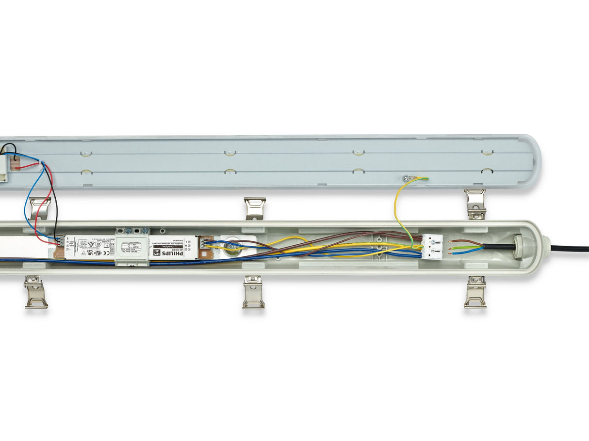 Offene wasserdichte LED-Leuchte mit interner Verkabelung und elektronischem Philips-Treiber, Draufsicht.