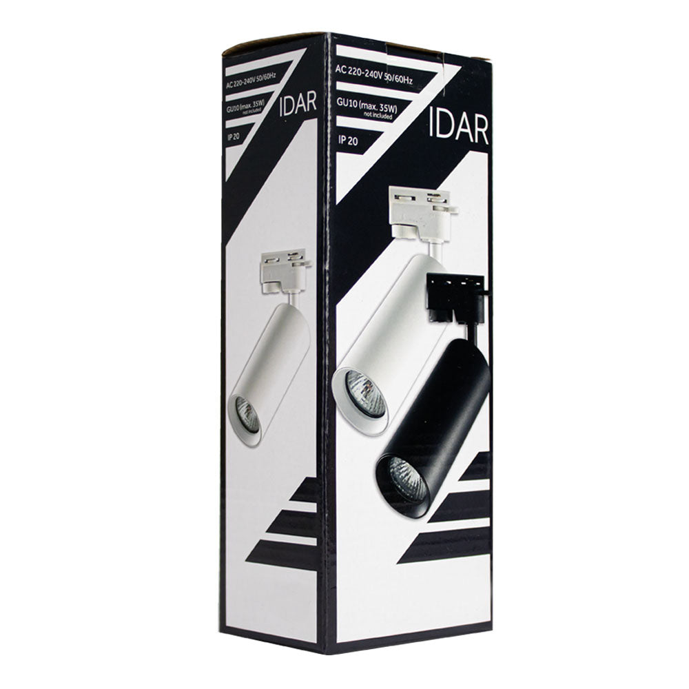 Produktverpackung des IDAR-Schienenstrahlers mit GU10-Fassung (max. 35 W), dargestellt in einer schrägen Frontansicht mit klarer Darstellung der weißen und schwarzen Version der Lampe.