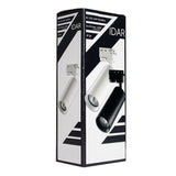 Produktverpackung des IDAR-Schienenstrahlers mit GU10-Fassung (max. 35 W), dargestellt in einer schrägen Frontansicht mit klarer Darstellung der weißen und schwarzen Version der Lampe.