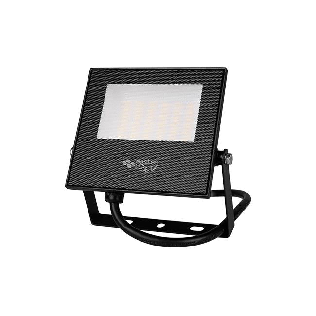 Nightlux LED-Bauleuchte, schwarz, schräge Frontansicht mit Blick auf Montagebügel und Anschlusskabel.