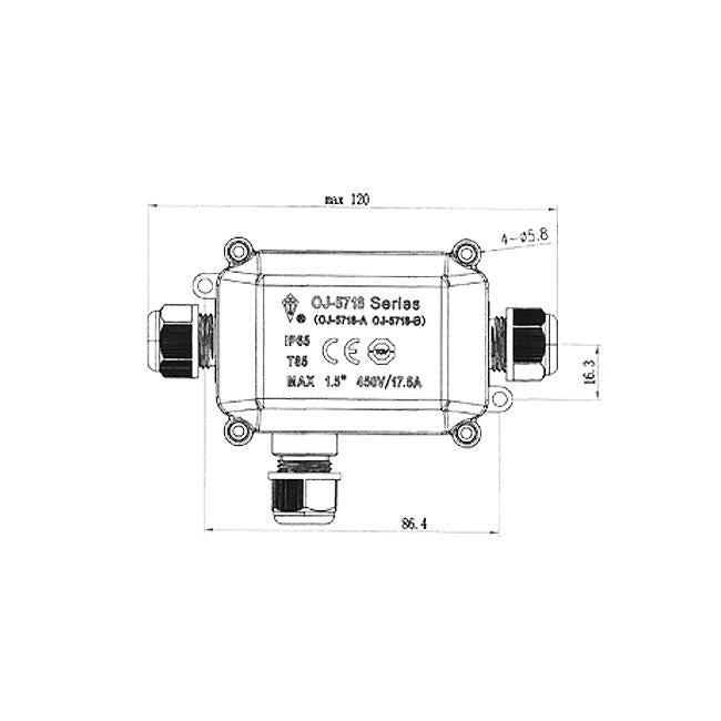 Technische Zeichnung der Anschlussdose der Serie OJ-5798, Vorderansicht mit Abmessungen und Spezifikationen wie Schutzart IP65, Temperaturklasse T85 und maximale Belastung von 450 V/17,5 A.