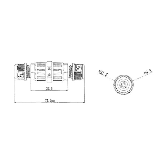 Waterdichte kabel connector-IP68-vooraanzicht-met afmetingen