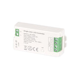 Weißer LED-Controller für einfarbige LED-Beleuchtung, Modell ML7038S, mit Seitenansicht der Eingangs- und Ausgangsklemmen, geeignet für 12–24 V DC und eine maximale Leistung von 12 A, einschließlich CE- und RoHS-Kennzeichnung.