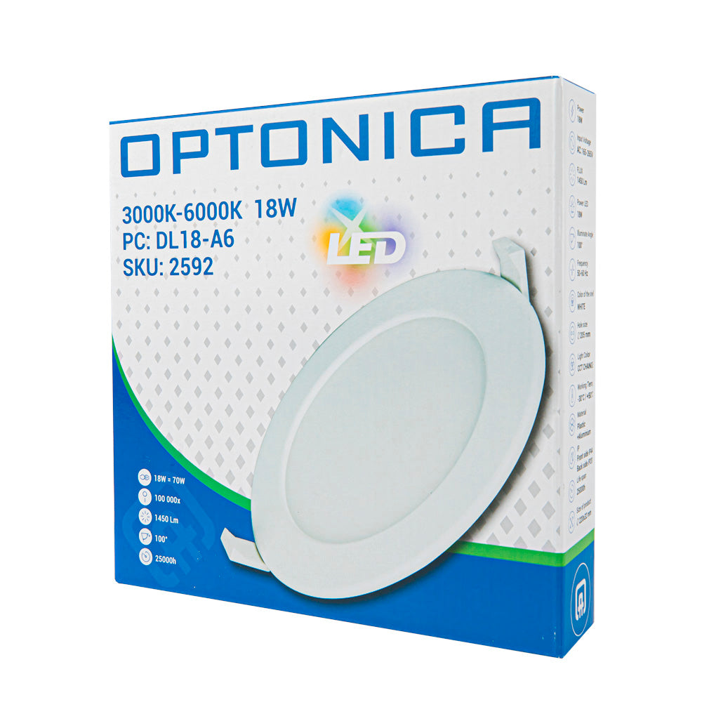 Vorderansicht der Verpackung für das Optonica LED-Downlight DL18-A6, 18 W, 3000 K–6000 K, SKU 2592 – zeigt das Produkt mit Spezifikationen und buntem LED-Logo.