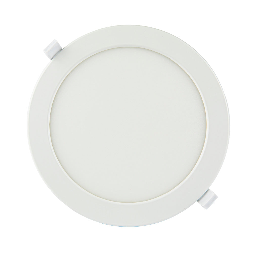 Runder LED-Einbaustrahler mit weißem Rand, Draufsicht des LED-Downlights geeignet für die Deckenmontage.