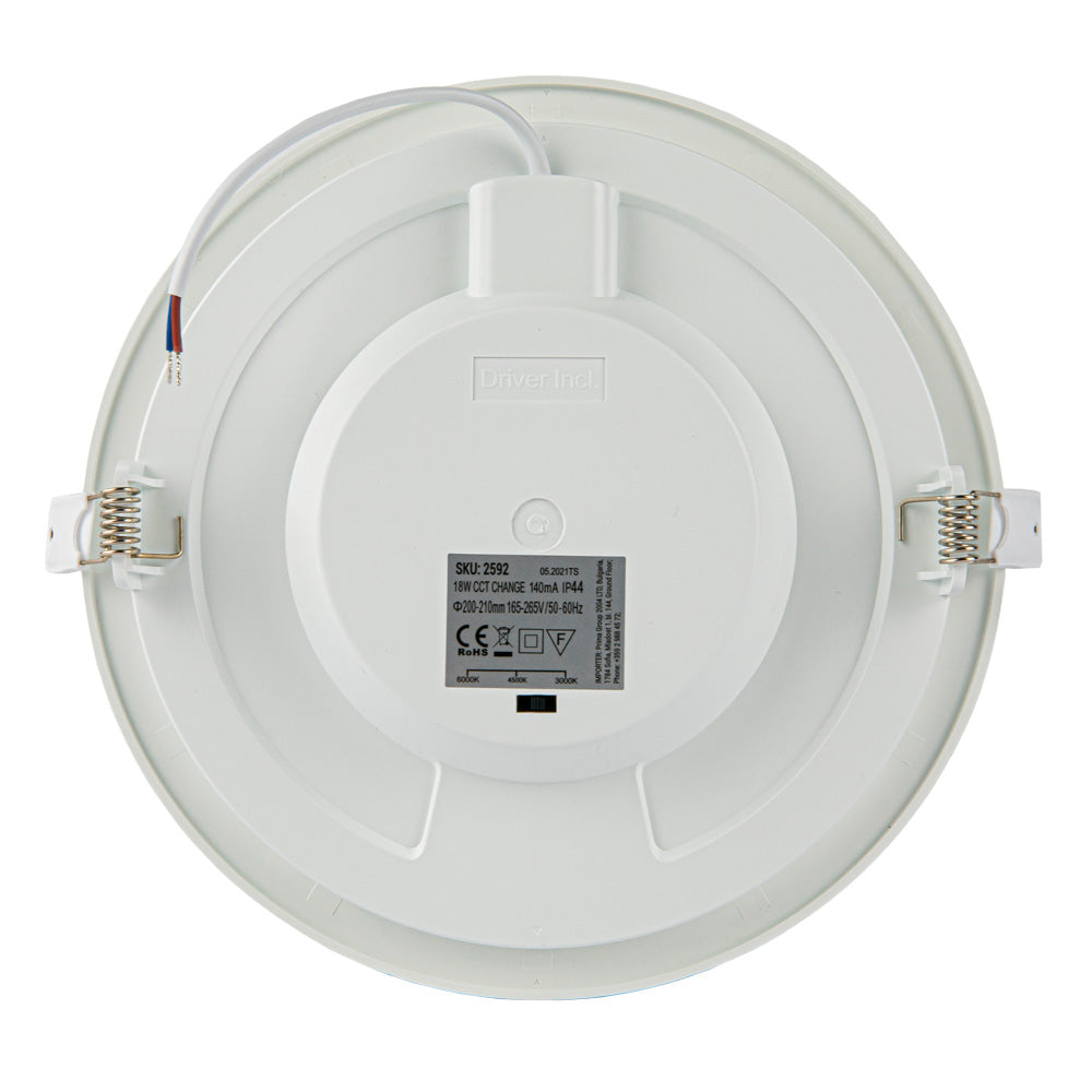 Rundes 18-W-LED-Einbaudownlight mit einstellbarer Farbtemperatur, Rückansicht mit integriertem Treiber, Montagematerial und Spezifikationsaufkleber.