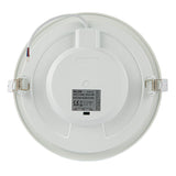 Rundes 18-W-LED-Einbaudownlight mit einstellbarer Farbtemperatur, Rückansicht mit integriertem Treiber, Montagematerial und Spezifikationsaufkleber.