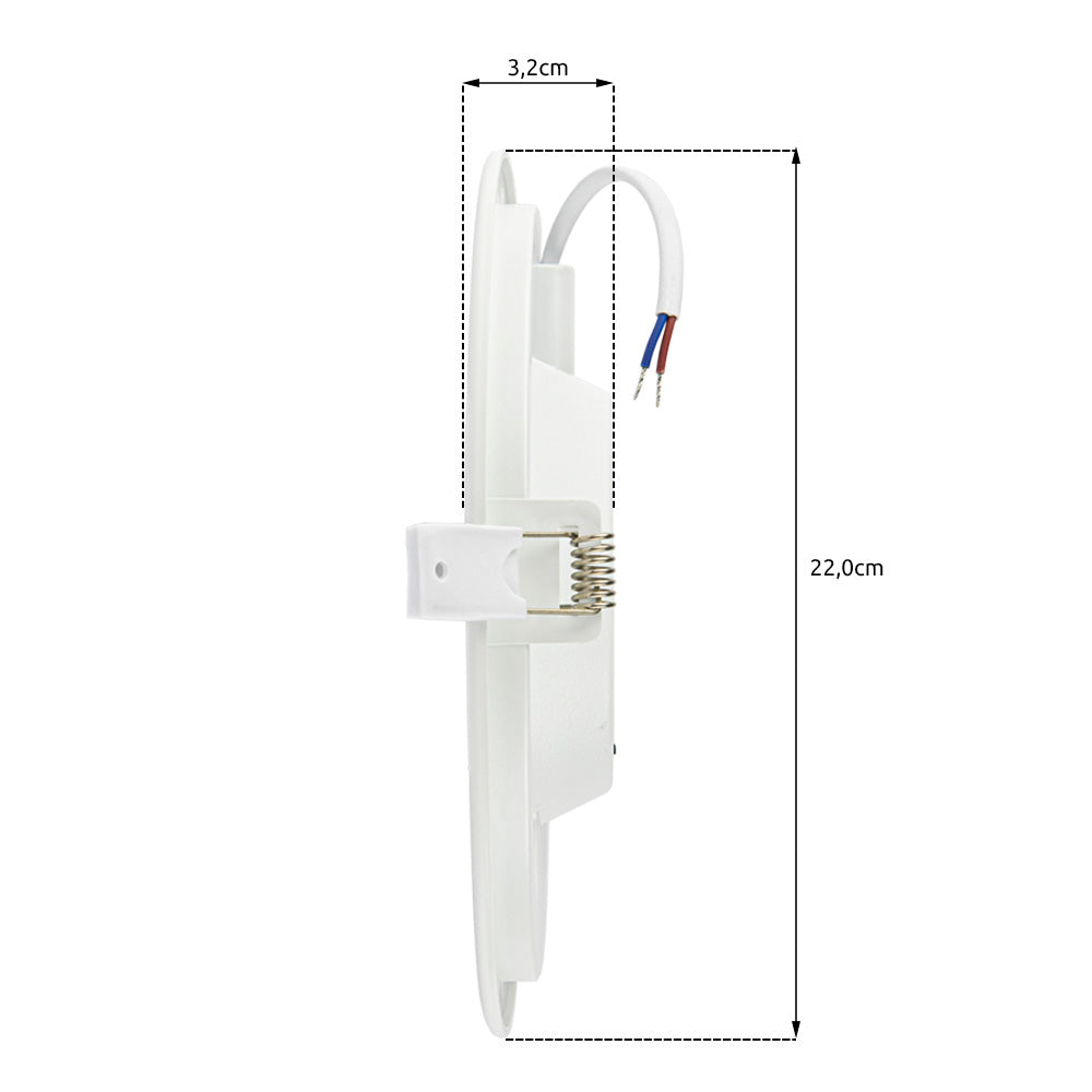 Seitenansicht eines runden LED-Deckeneinbaustrahlers mit Federclip und elektrischer Verkabelung, inkl. Abmessungen von 22,0 cm Höhe und 3,2 cm Tiefe, geeignet für den bündigen Einbau in Decken.