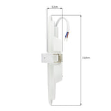 Seitenansicht eines runden LED-Deckeneinbaustrahlers mit Federclip und elektrischer Verkabelung, inkl. Abmessungen von 22,0 cm Höhe und 3,2 cm Tiefe, geeignet für den bündigen Einbau in Decken.