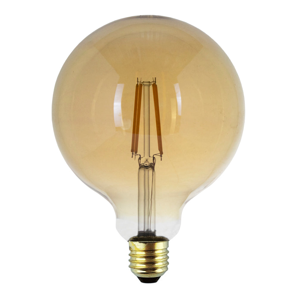 E27 Bernsteinfarbene LED-Glühbirne mit Glasfaden – Vorderansicht einer dekorativen Retro-LED-Glühbirne mit sichtbaren Glühfäden und warmer Lichtfarbe.