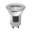 LED-Strahler GU10 Lampe – Schräge Frontansicht eines energieeffizienten GU10 LED-Strahlers mit Glasreflektor und Metallic-Finish, geeignet für Einbaustrahler.