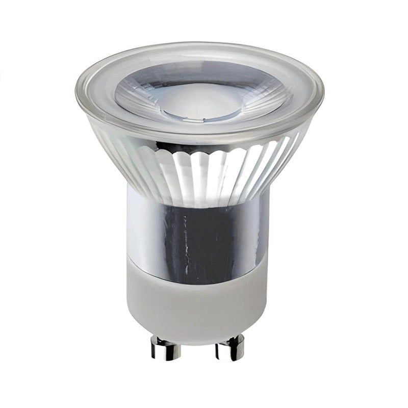 LED-Strahler GU10 Lampe – Schräge Frontansicht eines energieeffizienten GU10 LED-Strahlers mit Glasreflektor und Metallic-Finish, geeignet für Einbaustrahler.