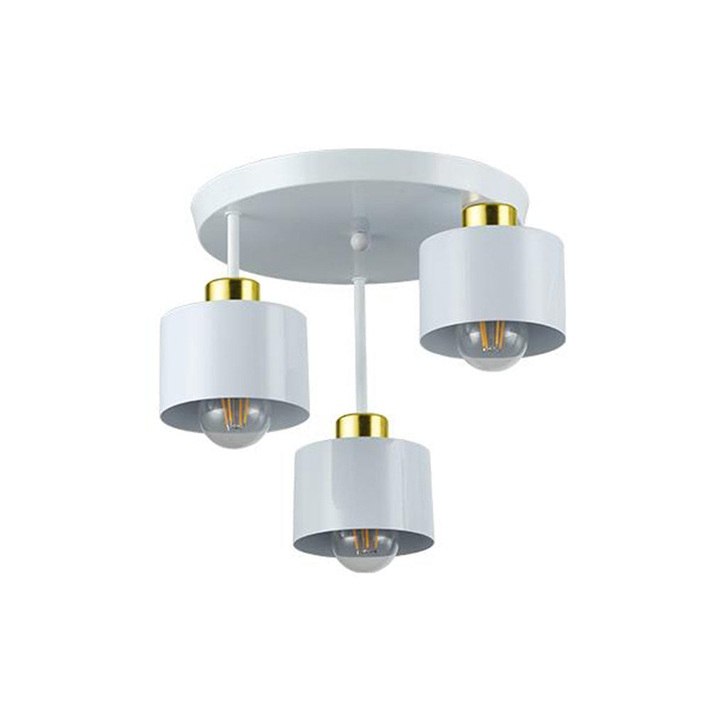 Weiße Deckenleuchte mit drei zylindrischen Fassungen, goldfarbenen Akzenten und sichtbaren LED-Lichtquellen, dargestellt in einer diagonalen Unteransicht vor weißem Hintergrund.