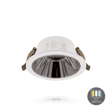 Weißes LED-Downlight mit CCT-Schalter, Vorderansicht mit Reflektor und Montageklemmen.