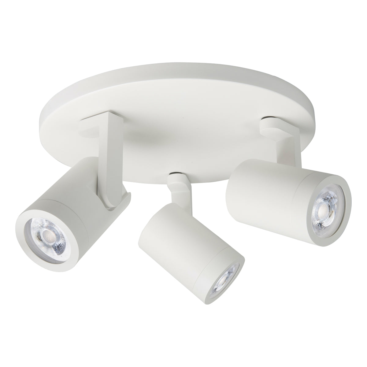 Weißer Deckenstrahler mit drei drehbaren LED-Spots in zylindrischer Form, modernes Design, schräg von unten.