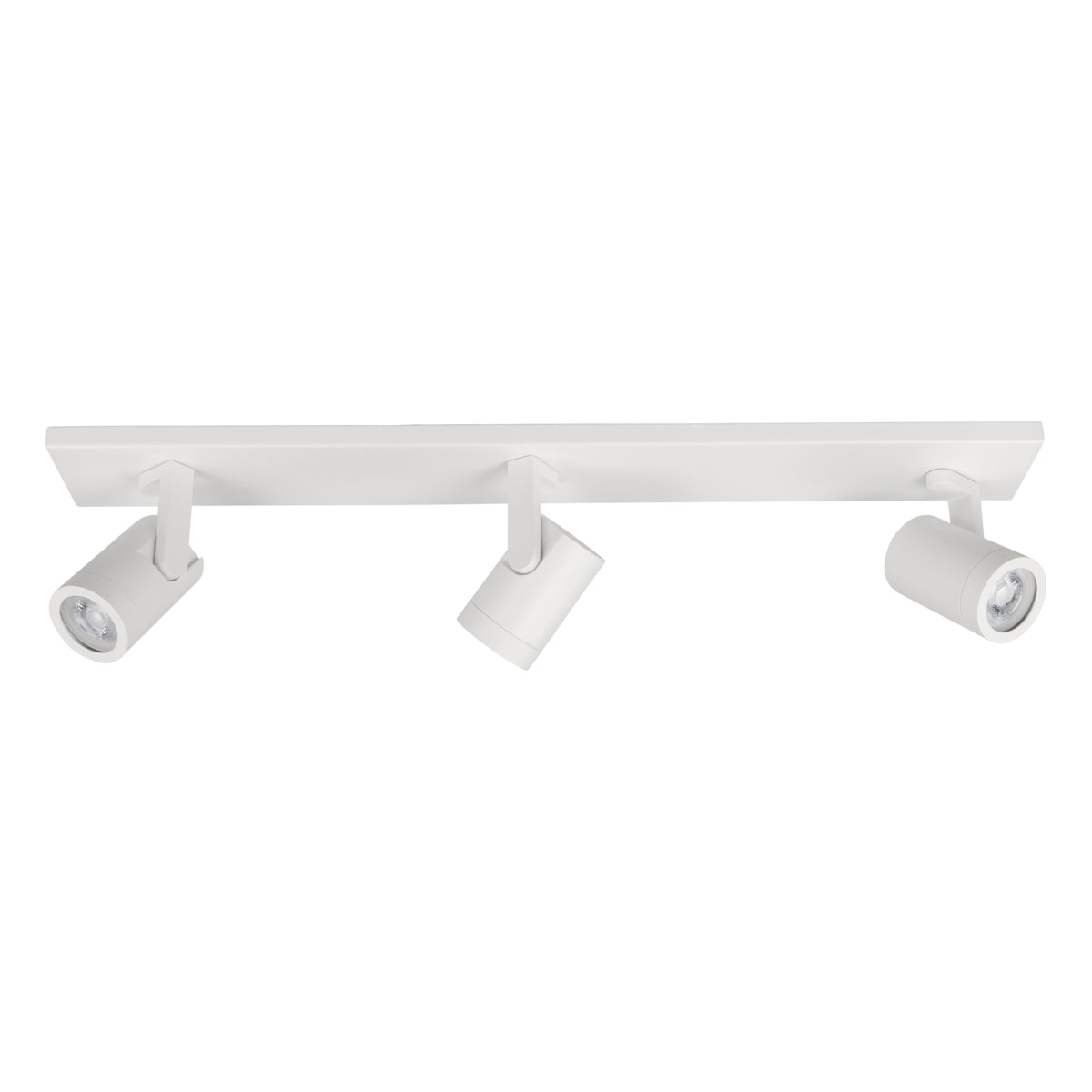 Weißer Deckenstrahler aus Metall mit drei verstellbaren LED-Spots, Frontalansicht vor weißem Hintergrund.