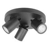 Schwarzer runder Deckenstrahler mit drei verstellbaren LED-Strahlern, modernes Design – Ansicht von unten.