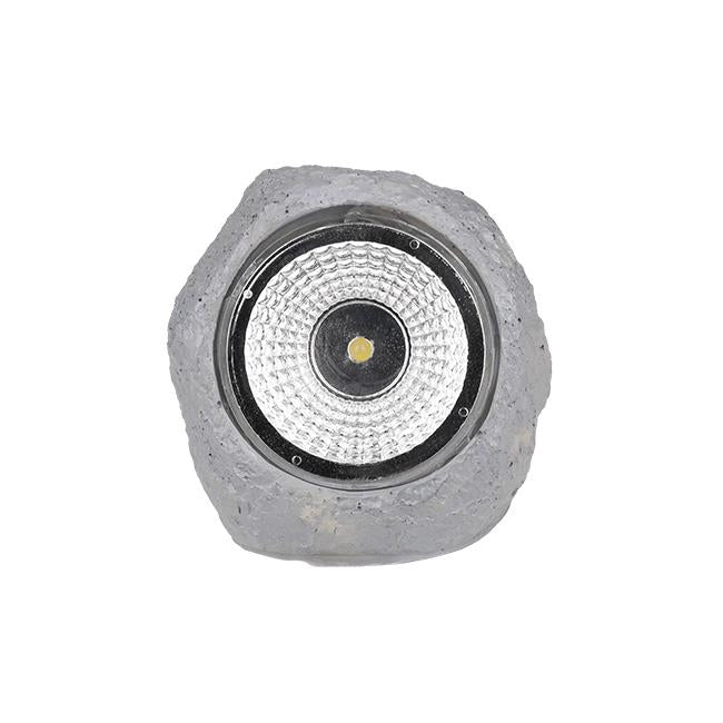 Solar-LED-Gartenstrahler in Form eines grauen Steins, Frontansicht – dekorative Außenbeleuchtung mit integriertem LED-Strahler, ideal für Gartenwege und -begrenzungen.
