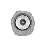 Solar-LED-Gartenstrahler in Form eines grauen Steins, Frontansicht – dekorative Außenbeleuchtung mit integriertem LED-Strahler, ideal für Gartenwege und -begrenzungen.