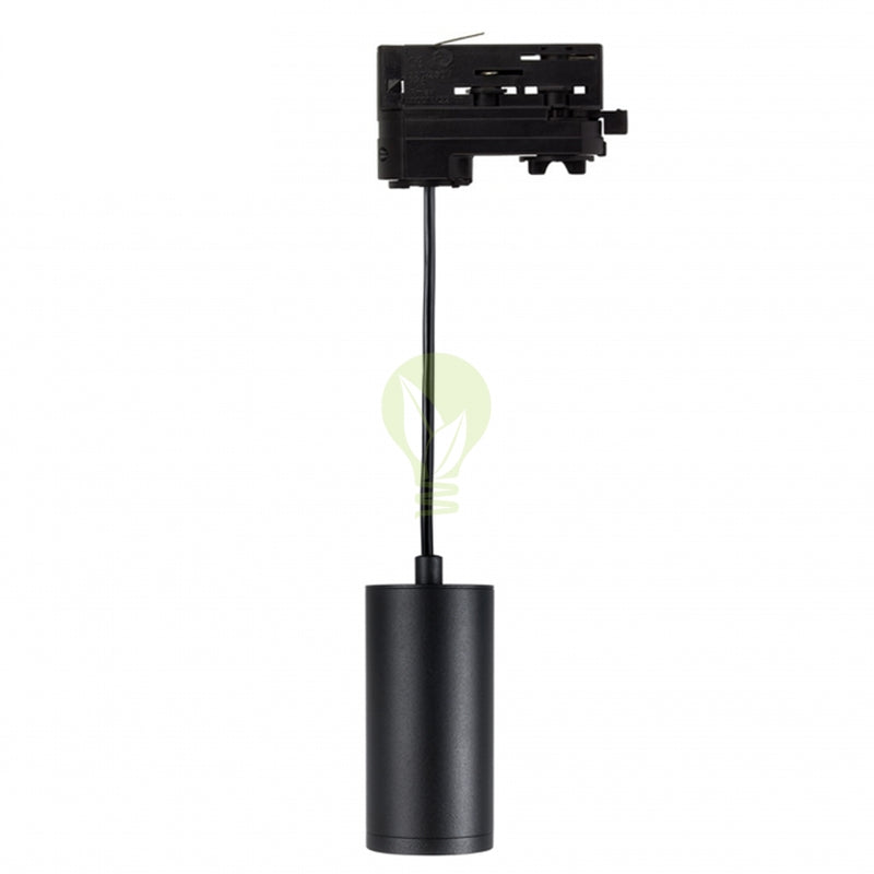 Schwarzer zylindrischer Pendelstrahler auf Schienenadapter, Frontansicht, geeignet für 1-Phasen-Schienensystembeleuchtung.